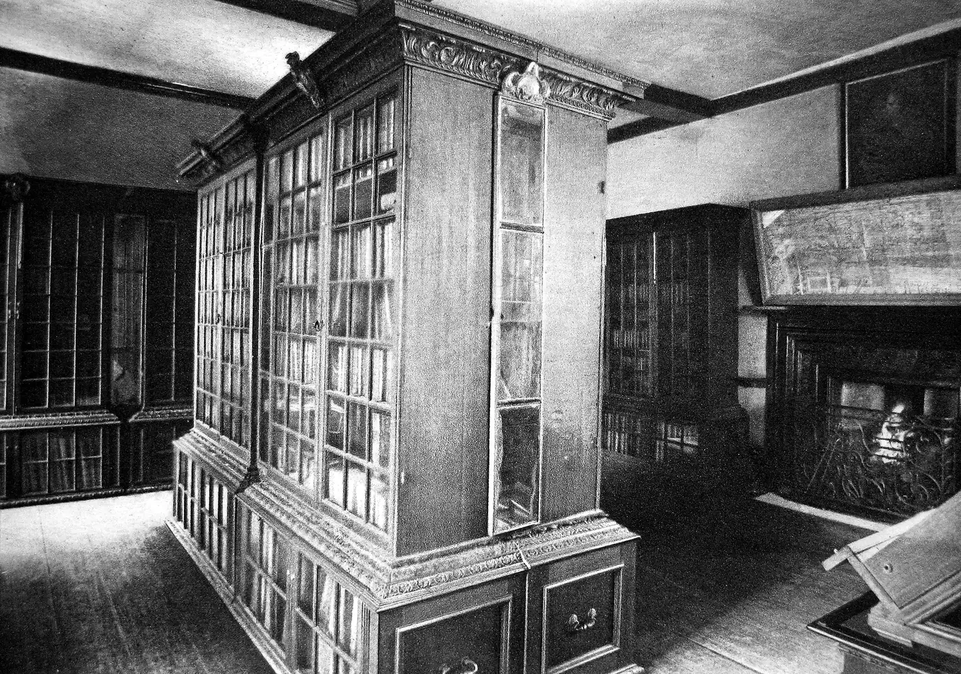 Samuel Pepys’s glass-fronted bookcases in the Pepys Library, Magdalene College, Cambridge, 1899.