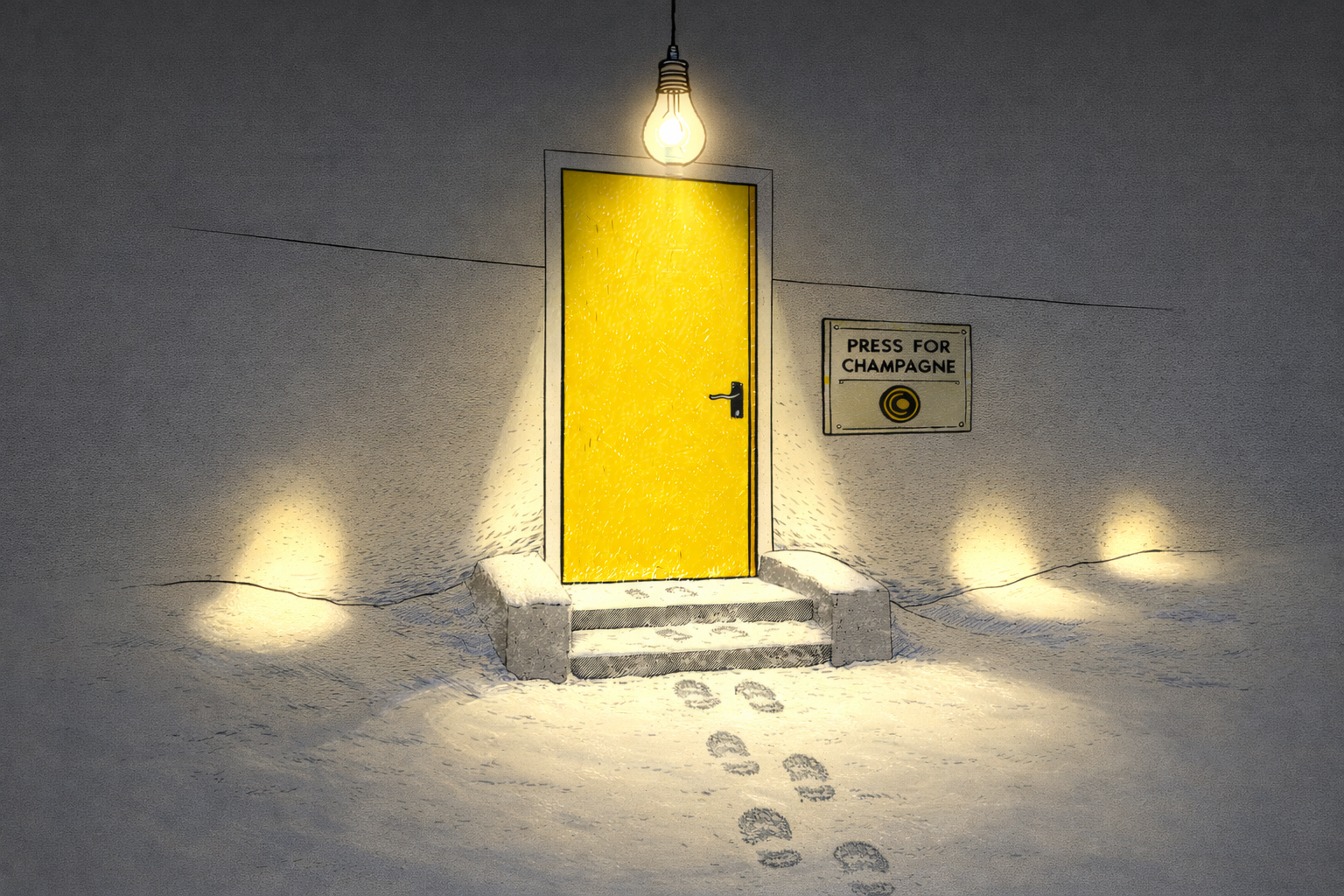 A yellow door in a wall, a bare bulb above it
