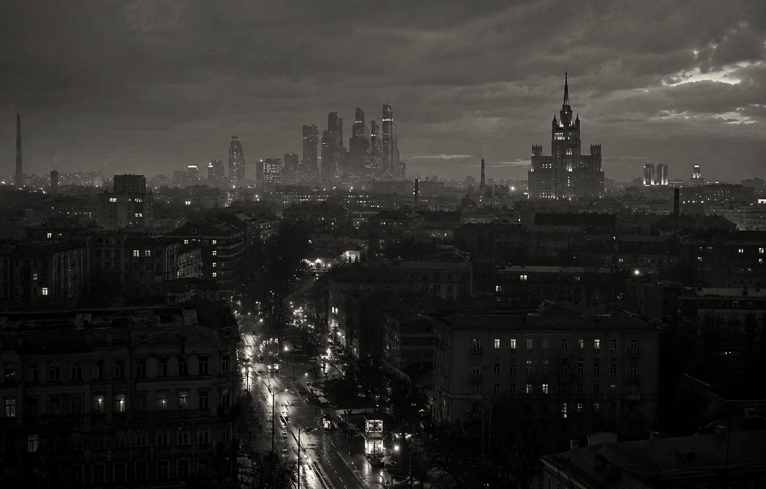 High over Moscow at dusk